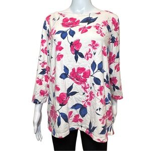 Talbots XL Floral Tunic Top Pink Navy Cream Cotton Stretch Boatneck 3/4 Sleeve